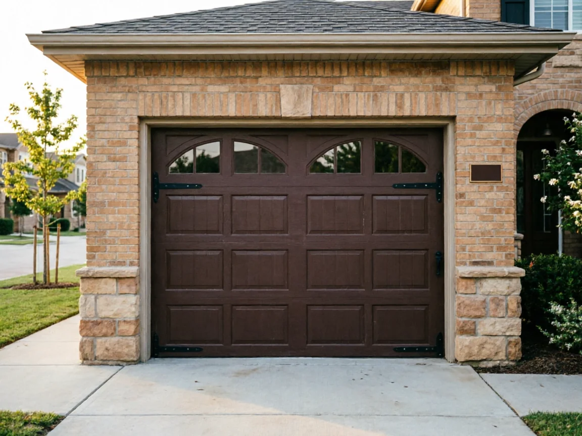 A brown garage door with arched windows on a brick house.