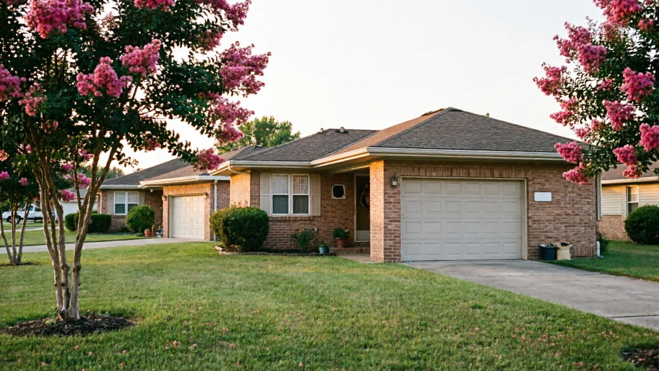 A brick house with a white garage door and pink flowering trees.