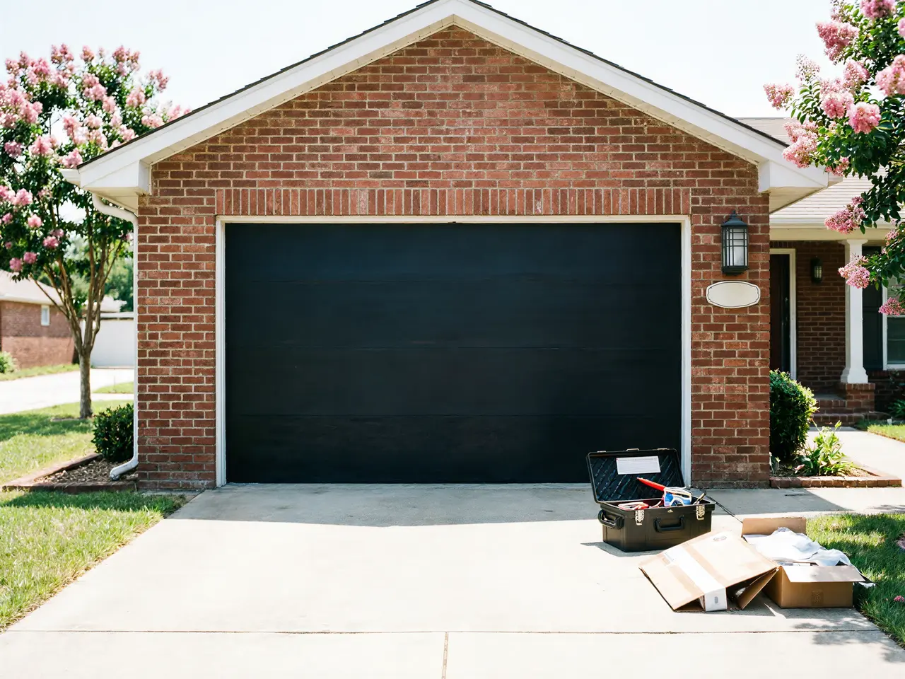 A black garage door is on a brick house with a toolbox and boxes on the driveway.