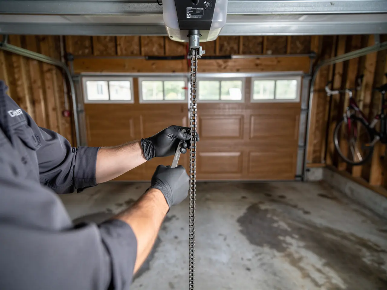 A technician in black gloves adjusts the chain on a garage door opener.
